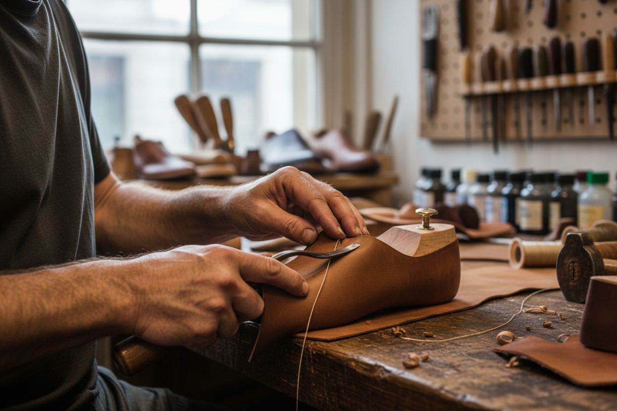 ein männer hand der Schuhe mit Händen macht 